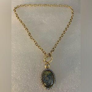 opal like stone with blue rhinestones gold tone chain necklace by Kenneth J Lane